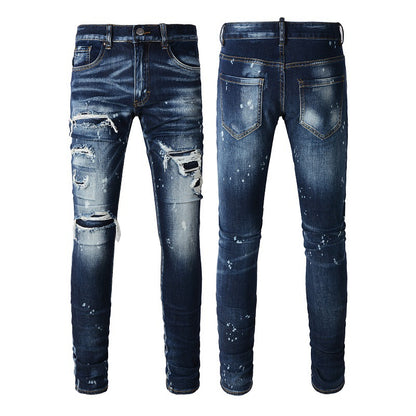 Foreign Trade Trendy Brand Style Class Hole Patch Thin Retro Blue Men's Jeans Korean Version 6905