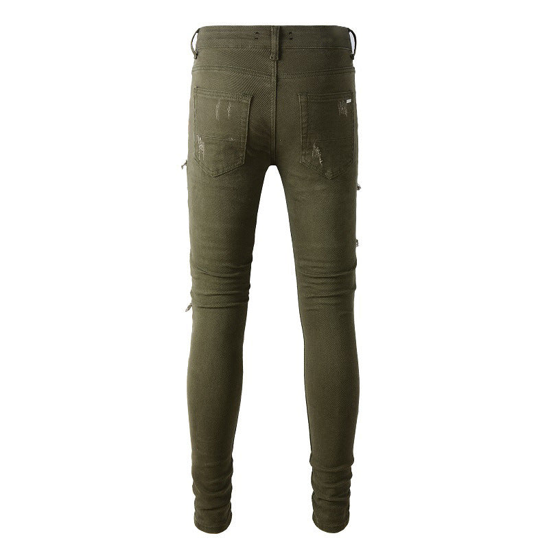 Jean slim élastique déchiré vert armée de la marque High Street Tide #851 