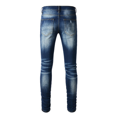 1318 European and American Trendy Brand High Street Ripped Patch Jeans Blue Men's Jeans Korean Version