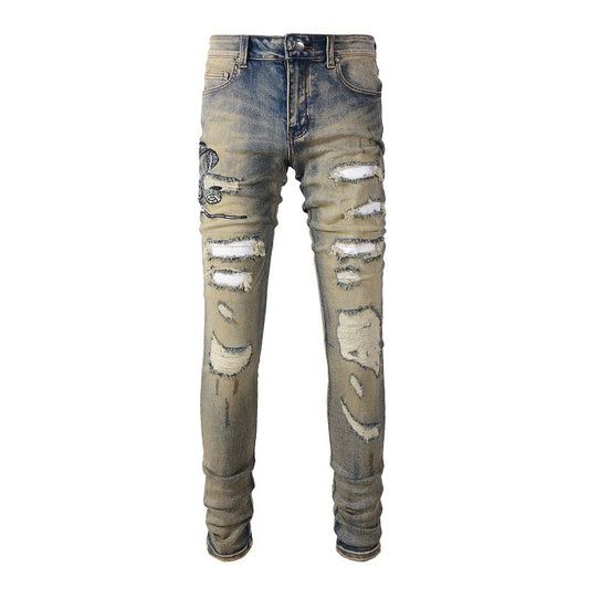 611 Retro Trendy Brand Embroidered Cobra Ripped Patch Jeans Elastic Slim Denim