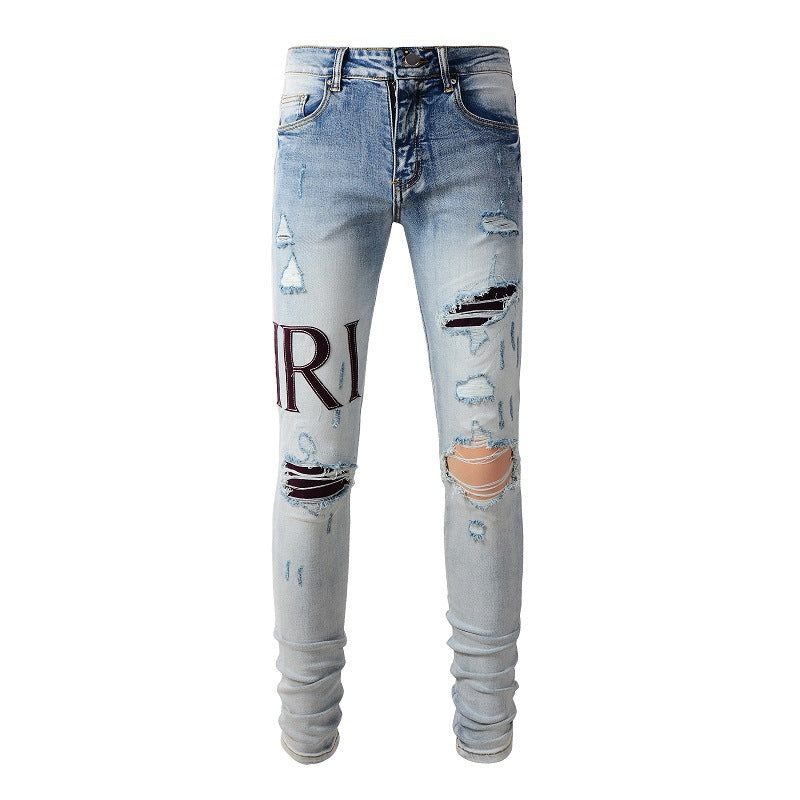 European and American Street Tide Letter Embroidered Jeans High Street Tide Men Slim-fitting Small Feet Jeans #1301