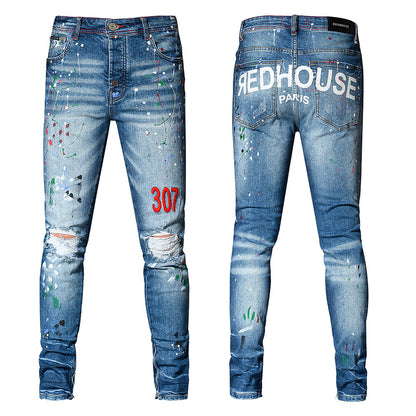 Blue Straight-Leg Jeans with Distressed Embroidery and Paint Design for Street Style