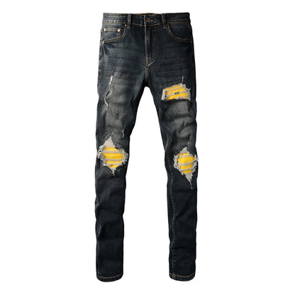 Designer Jeans For Mens Mens Jeans Jeans High Street Hole Star Patch Mens Womens Star Embroidery Panel Trousers Stretch Slim-fit Trousers Pants 40583