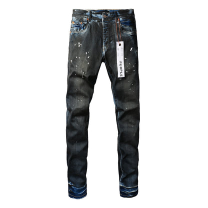 Mens Purple Skinny Jeans with Ripped Detail - Fashionable Denim Biker Pants with Patches and Printed Design