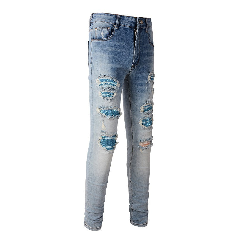 Jeans ajustados elásticos con parches High Street rotos y rotos de Blue Diamond Hot Diamond de Cross-border 