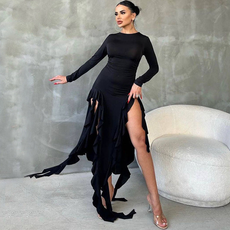 Fashion Trendy Round Neck Long Sleeve Slim Fit Split Dress with Ruffle Hem