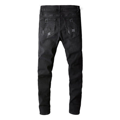 Men's Tight Fit Black Jeans with Paisley Patches and Distressed Details