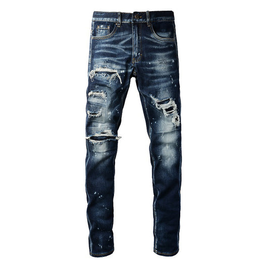 Foreign Trade Trendy Brand Style Class Hole Patch Thin Retro Blue Men's Jeans Korean Version 6905