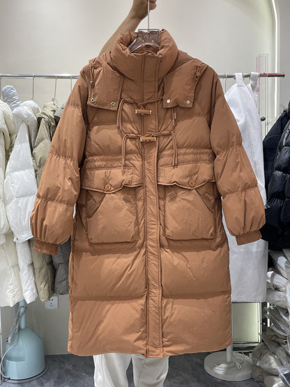 Down Jacket Horn Buckle Women's Long Winter Warm and Casual.