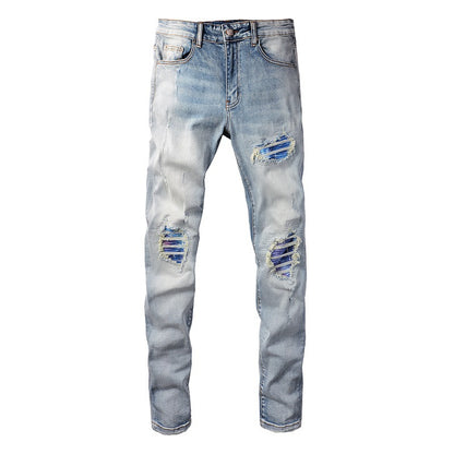 Cross-border Tide Brand Hole Patch Colorful Gradual Change Jeans Elastic Slim High Street Jeans