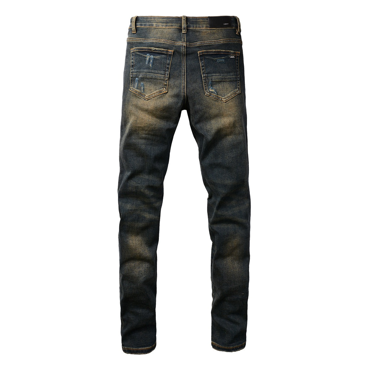 Slim Fit Black Stretch Jeans with Vintage Wash and Faux Leather Accents