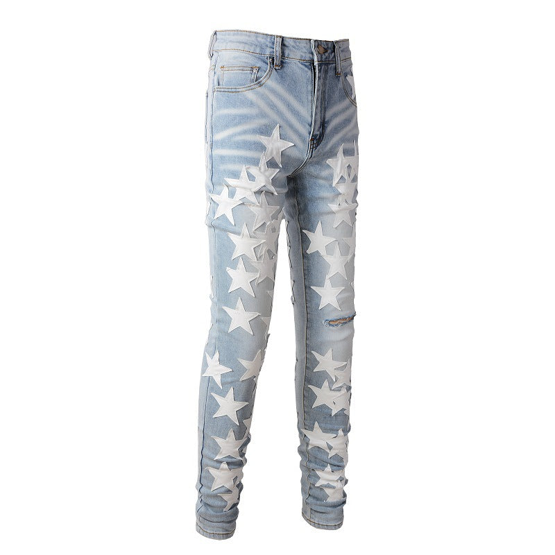 690 High Street Sticky White Star Trend Jeans High Craft Elastic Slim-Fit Small Foot Jeans 