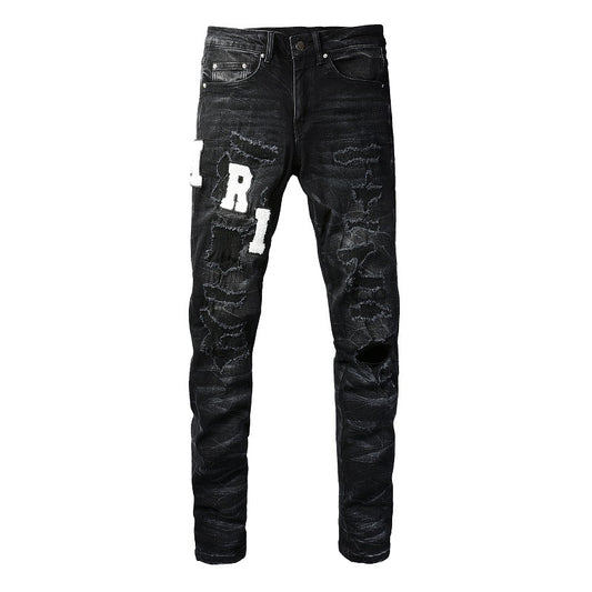 Pantalones ajustados elásticos con parche de hilo rasgado y letras bordadas en cuero de Street Jeans (1313-8815)