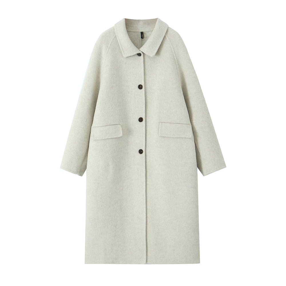 New Elegant Long Wool Coat with Turn-Down Collar