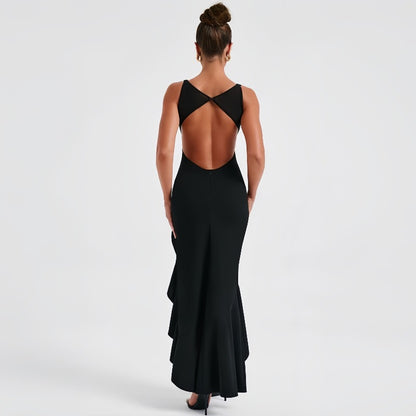 New Backless Sexy Fitted Round Neck Asymmetrical Side-Slit Dress D1993491