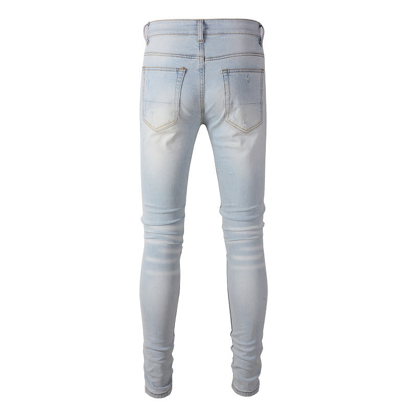 High Street Trend Light Blue Patch Embroidery Flower Patch Slim Fit Ripped Jeans Men