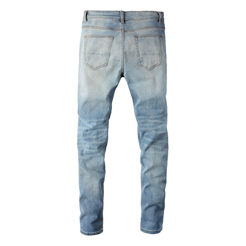 6665 High Street Trendy Brand Ripped Patch Jeans Retro Elástico Slim High Street Jeans para hombre 