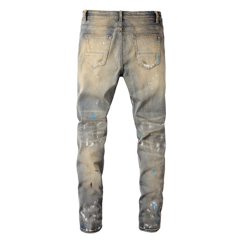 6556 High Street Trendy Brand Ripped Patch Jeans Vintage Men's Elastic Slim High Street Denim