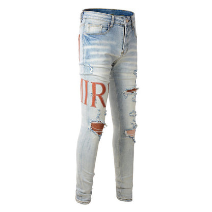 European and American Street Tide Ripped Patch Jeans High Street Tide Slim Pants Denim #840