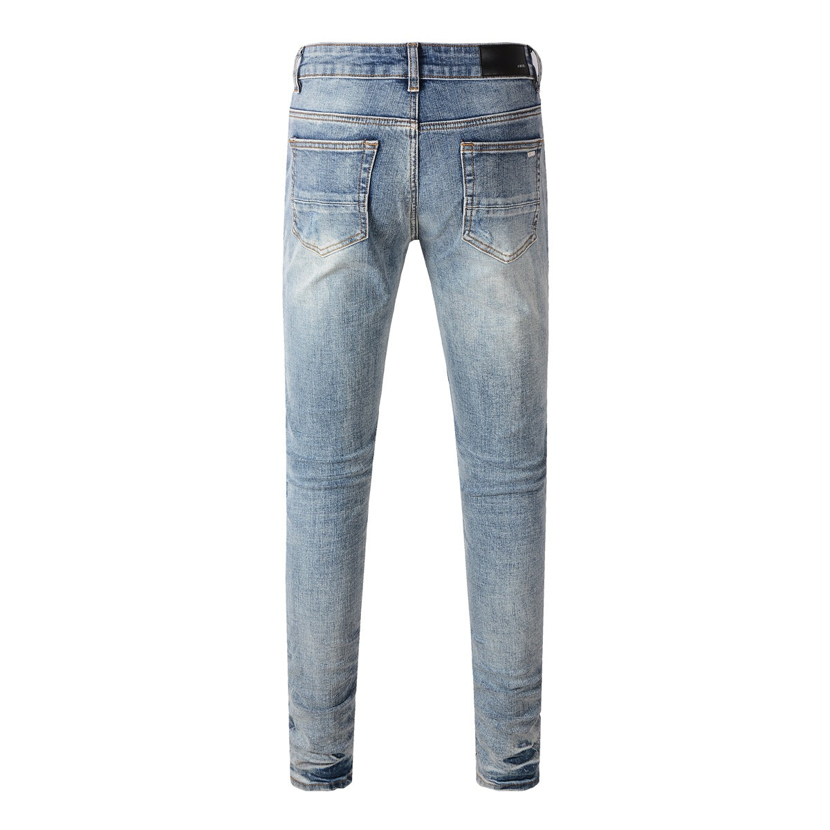 Fashionable Slim Fit Denim with a Washed Effect and Blue Rhinestone Embellishments