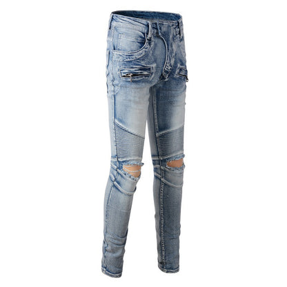 Tide Brand Locomotive Three-dimensional Tailoring Retro Multi-pocket Ripped Small Feet Slim-fit Elastic Jeans #917