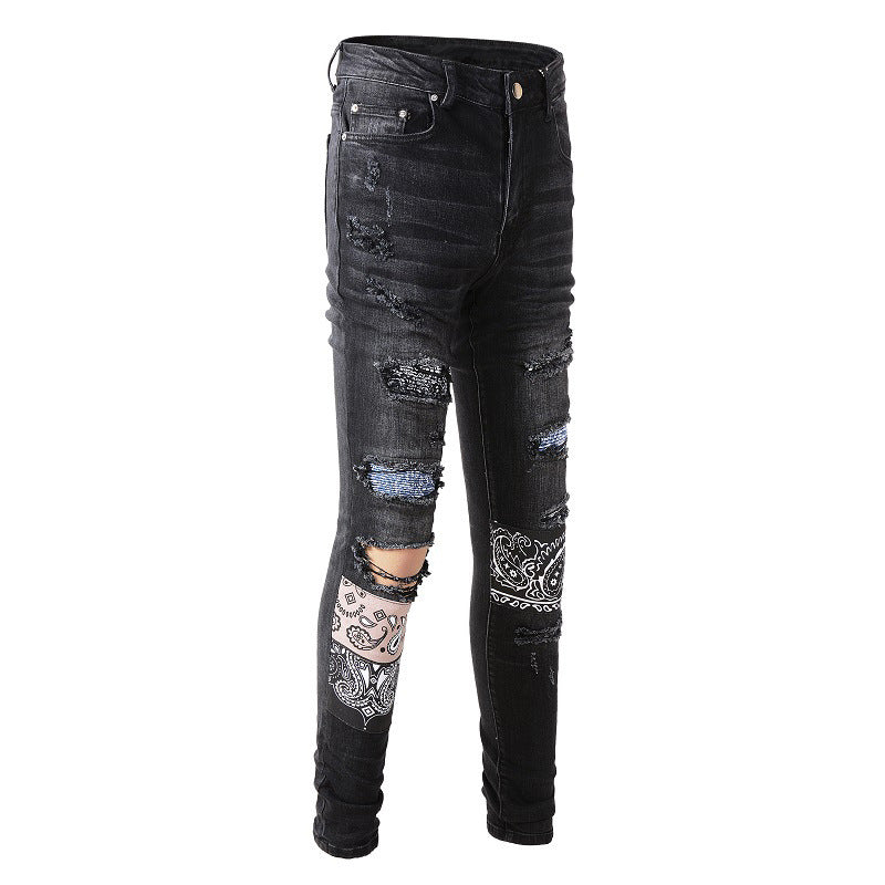 European and American High Street Ripped Patch Jeans Pattern Patch Elastic Slim Pants #864