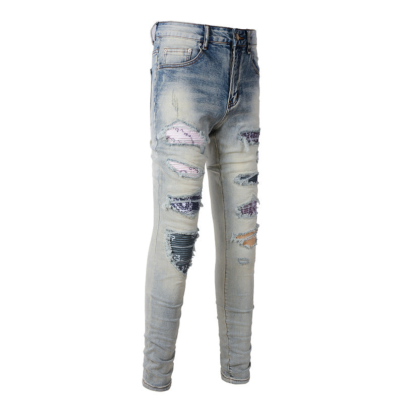 High Street Jeans Trendy Men's Ripped Patch Beggar Knee Jeans #1333