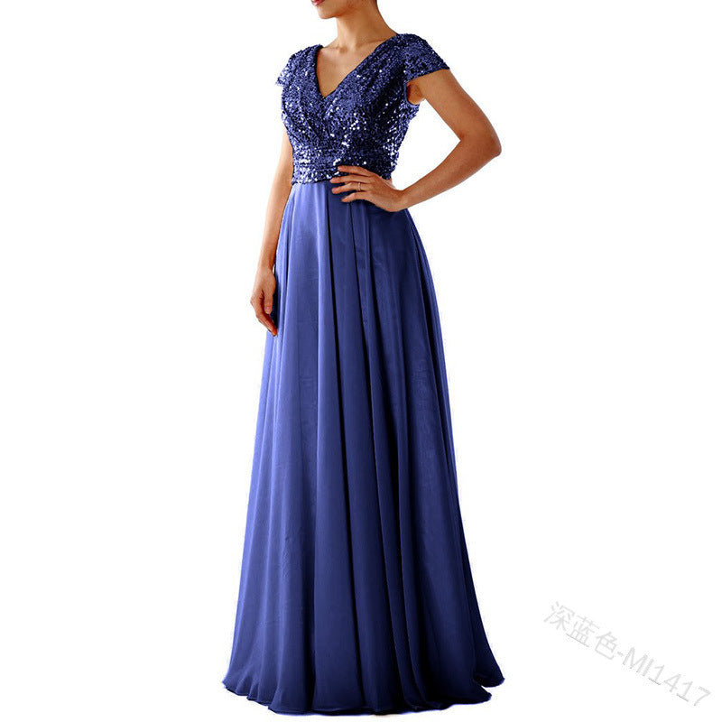 New V-Neck Sequin Chiffon Patchwork Evening Gown Maxi Dress YQ1417