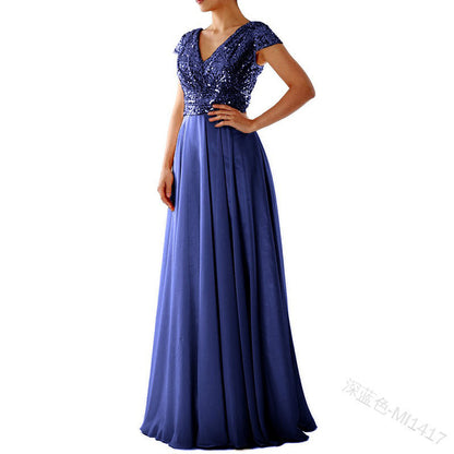 New V-Neck Sequin Chiffon Patchwork Evening Gown Maxi Dress YQ1417