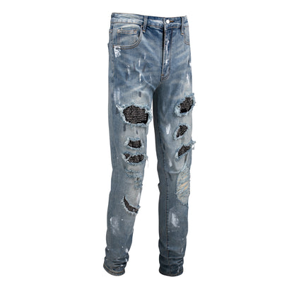 Men's Slim Fit Black Jeans with Paint Design and Patchwork Distressed Look