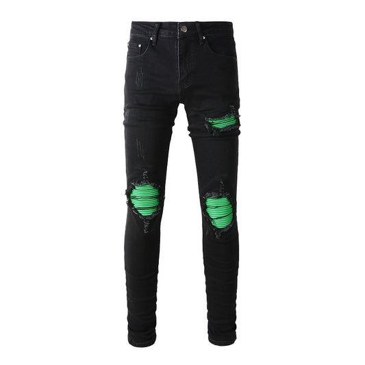 Jeans ajustados elásticos retro para hombre con parches verdes y proceso de lavado de calles americano 8880