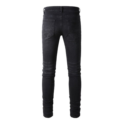 Slim Fit Stretch Black Washed Jeans with Versatile Faux Leather Accents