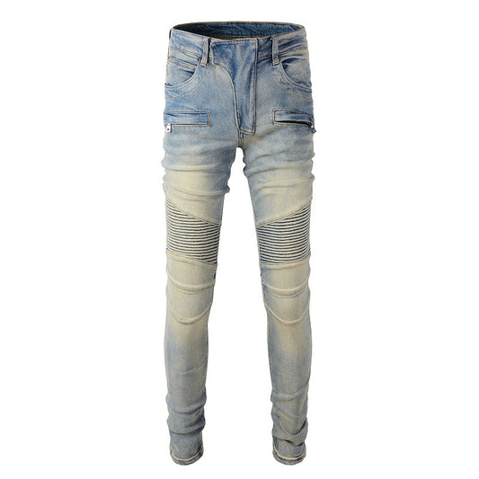 Trendy Man Personality High Street Trendy Brand Locomotive Men's Retro Old Splicing Jeans 1051