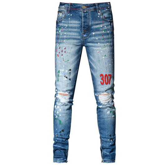 Blue Straight-Leg Jeans with Distressed Embroidery and Paint Design for Street Style