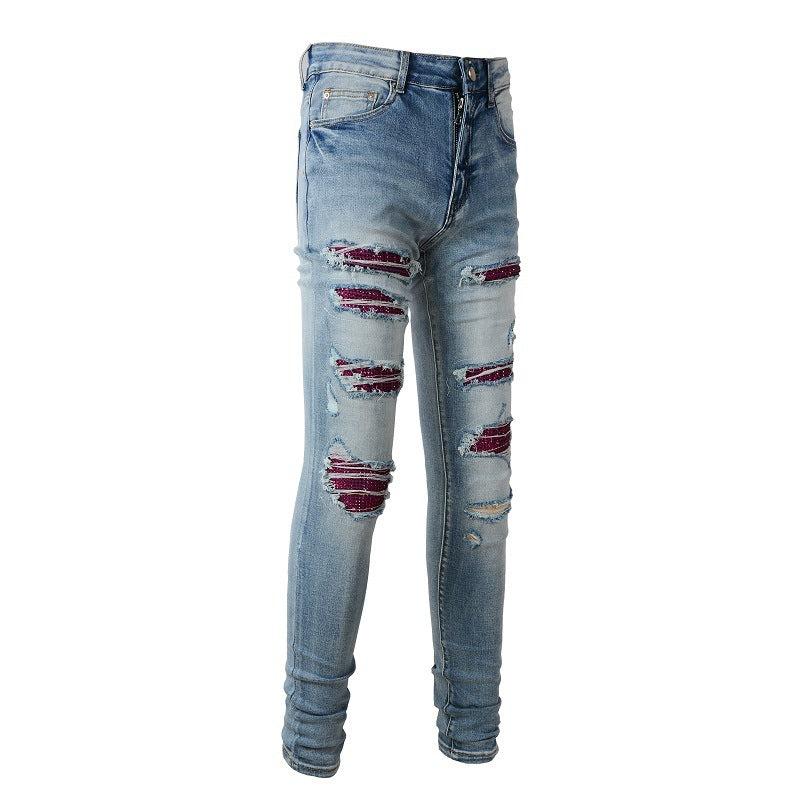 1308 European and American High Street Jeans, Hot Drilling, Ripped, Slim and Thin Jeans