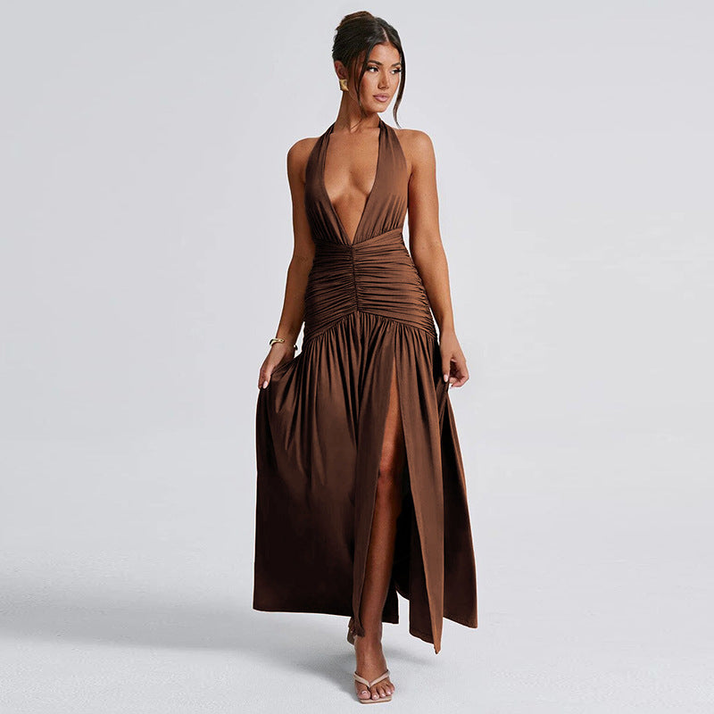 New Fashionable Sexy Fitted V-Neck Solid Color Halter Neck Dress with Side Slit for a Flirty Look D1993554