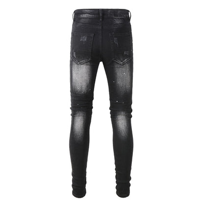 845 European and American Street Tide Ripped Patch Jeans High Street Tide Slim Pants Denim