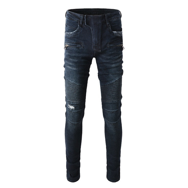 Dark Blue Trendy Multi-pocket Slim-fit Stretch Locomotive High Street Small-footed Jeans #1099