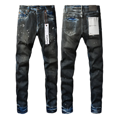 Mens Purple Skinny Jeans with Ripped Detail - Fashionable Denim Biker Pants with Patches and Printed Design