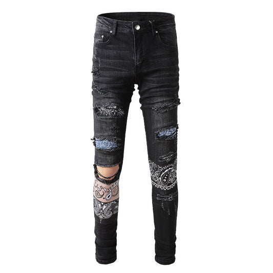 European and American High Street Ripped Patch Jeans Pattern Patch Elastic Slim Pants #864