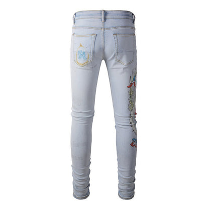 863 European and American Trendy Brand Digital Printing Jeans High-craftsmanship Elastic Slim-fitting Pants