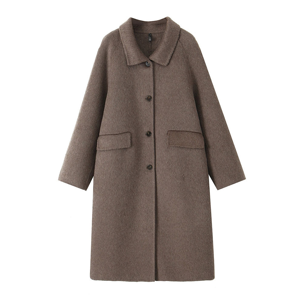 New Elegant Long Wool Coat with Turn-Down Collar