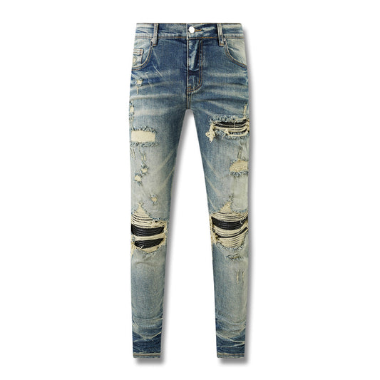 Mens Fashion Skinny Straight Slim Jeans - Non-Elastic Ripped Denim with Knee Tears, Summer 2023