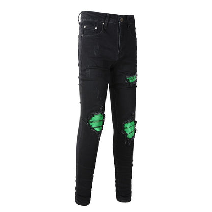 American Street Washing Process Green Patch Jeans Retro Men's Stretch Slim Jeans