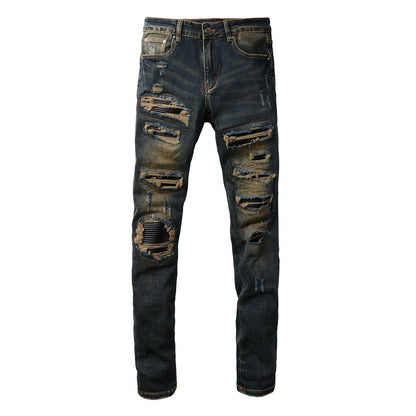 Slim Fit Black Stretch Jeans with Vintage Wash and Faux Leather Accents