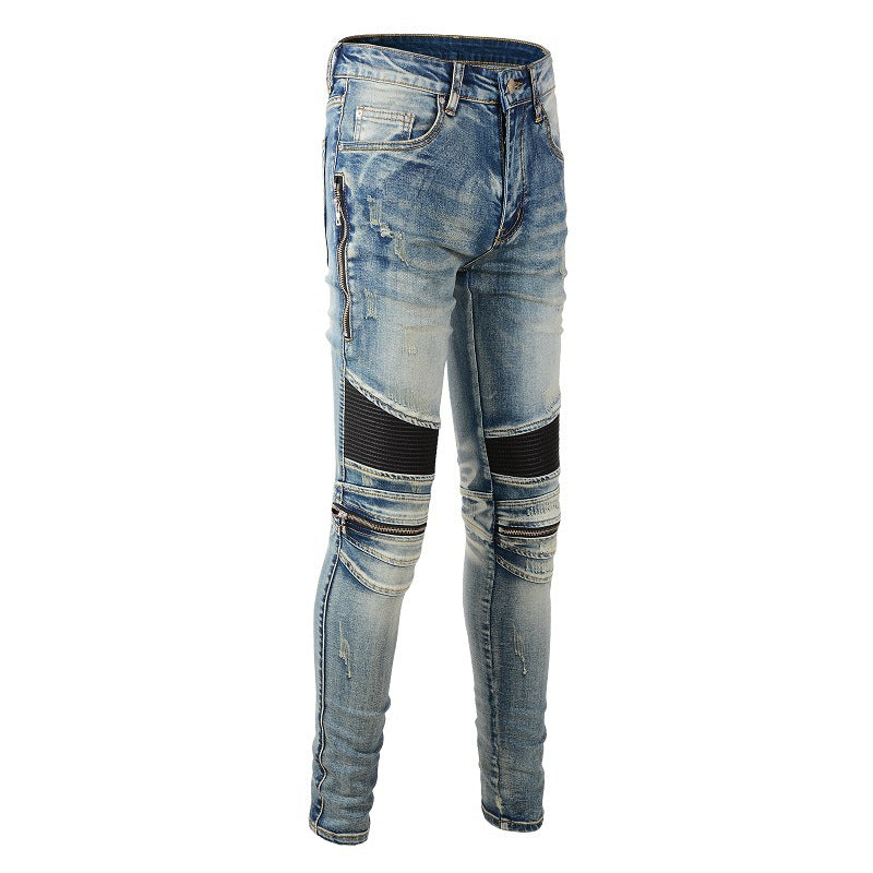 Korean Version Slim-fit Locomotive Jeans High Street Jeans Zipper Sticker Splicing Jeans 606