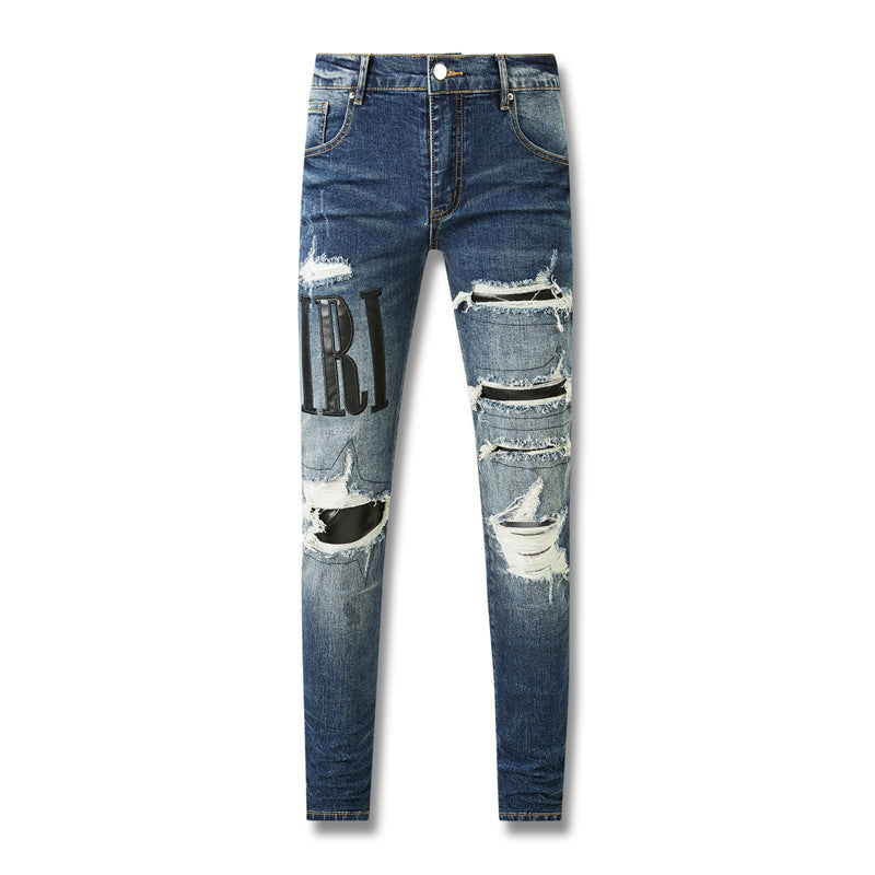 Gray Distressed Jeans with Faux Leather Patches and Lettering for a Vintage Look 8806