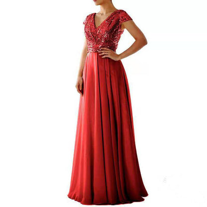 New V-Neck Sequin Chiffon Patchwork Evening Gown Maxi Dress YQ1417