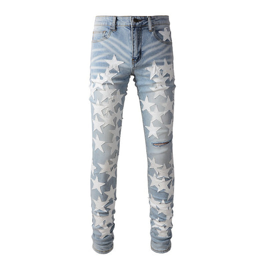 690 High Street Sticky White Star Trend Jeans High Craft Elastic Slim-Fit Small Foot Jeans 