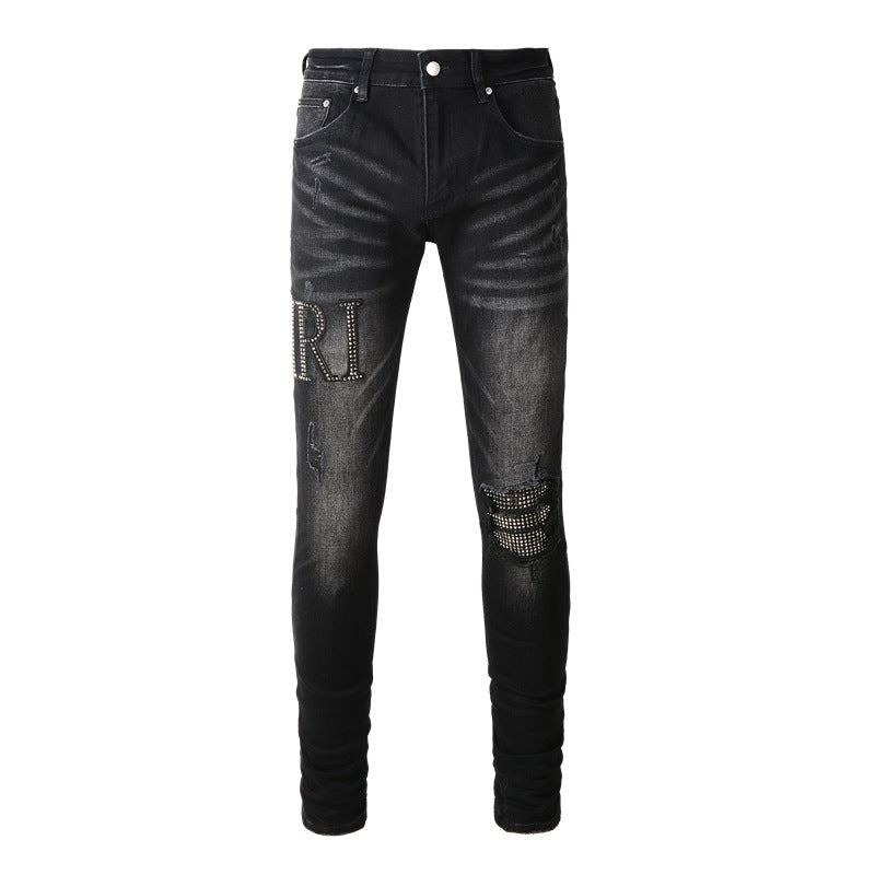 Black Jeans 8823 with Rhinestone Lettering and Distressed Design for International Markets